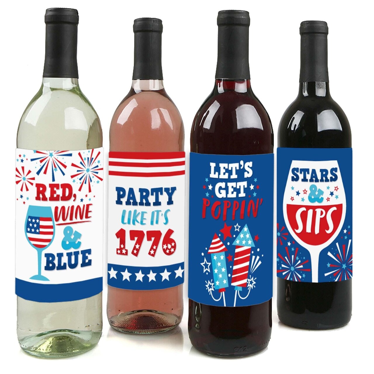 Big Dot of Happiness Firecracker 4th of July - Red, White and Royal Blue Party Decorations for Women and Men - Wine Bottle Label Stickers - Set of 4